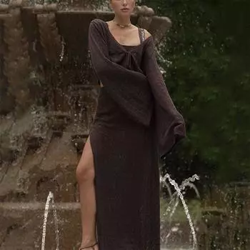 Элегантный трикотажный комплект из топов для женщин, топ с расклешенными рукавами на шнуровке, длинная юбка с разрезом на шнуровке, женский модный однотонный летний костюм 2025 года S бежевый