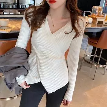 Элегантный вязаный пуловер женский свитер весна осень и зима крест V-образный вырез повседневная нижняя рубашка длинный рукав топы женские новые свитера 1486 One Size чёрный
