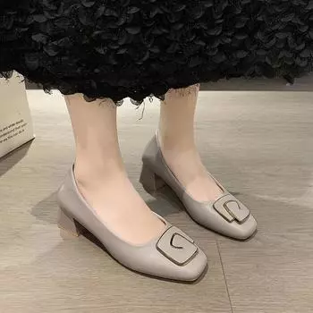 Elegant Ladies Office Dress Shoes Cow Leather Pumps Woman Medium High Heel Mary Janes Metal Button Loafers Femme Square Toe Shoe 35 чёрный