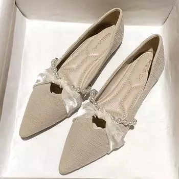 elegant ladies pearl strings flat shoes silk chiffon ballet flats women pointed toe stripe cloth work shoes woman loafers size43 4.5 бежевый