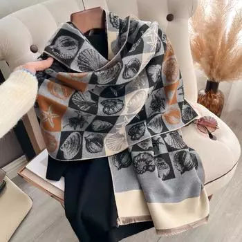 Elegant Ladies Shell Pattern Pashmina Autumn Winter Thick Warmth Double Sided Tassel The Shawl Coldproof Windproof Blanket Scar