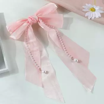 Elegant Long Pearl Tassel Bow Hair Clip for Women Fashion Simple Mesh Bow Hairpins Girls Solid Spring Clip Hair Accessories