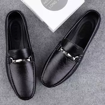 Elegant Man Slip-on Loafers Versatile Driving Footwear Men Comfy Moccasins Genuine Leather Men Shoes Classic Wedding Party Shoes 38 чёрный