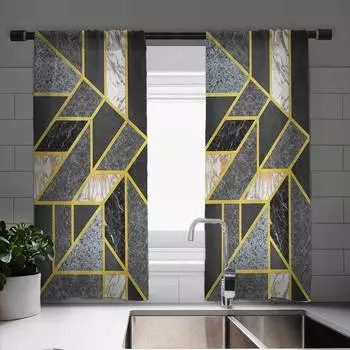 Elegant Marble Print Curtain Set Elegant 2Pcs Cafe Curtains With Gold Accents, Vintage European Design For Kitchen Living Room Milled cotton fabric&Grommet Top