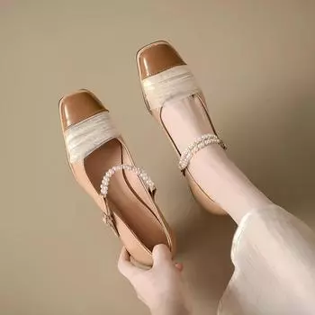 Elegant Mary Janes Shoes New Designer Square Toe Lace Pearls Buckle Strap Shallow Mid Thick Heeled Pumps Women 34 бежевый