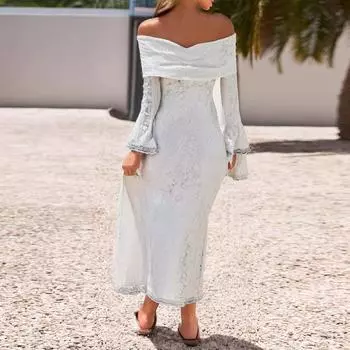Elegant Off Shoulder Lace Maxi Dress Women Long Sleeve Evening Party Dresses For Date Nights XL белый