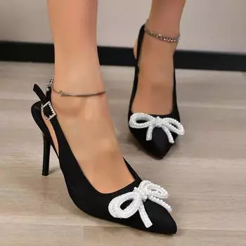 Elegant Pearl Bowtie High Heels Sandals Women 2024 Summer Ankle Straps Thin Heeled Pumps Woman Plus Size 43 Black Party Shoes 35 синий