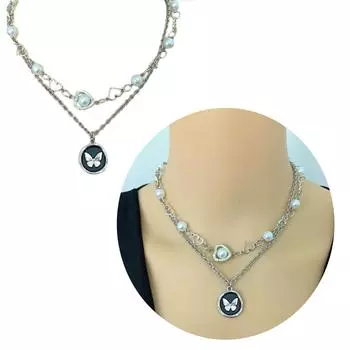 Elegant Pearls Beaded Necklace Stylish and Delicate Butterfly Flower Pendant Neckchain with Pearls Heart Charm 3