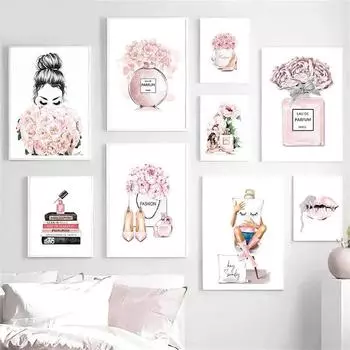 Elegant Perfume Bottle Pink Flowers Poster Chic Beauty Fashion Canvas Art for Modern Home Living Room Wall Decor 21cm30cm NoFrame