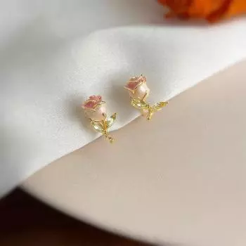 Elegant Pink Rose Studs Earrings Party Jewelry Zircon Small Earrings for Women розовый