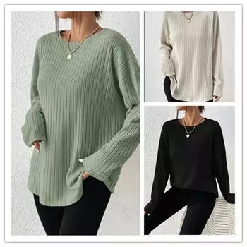 Elegant Pit-stripe Round Neck Pullover Jumpers Women Solid Color Loose Sweater Female Autumn Commuter Casual Knitwear XXL чёрный