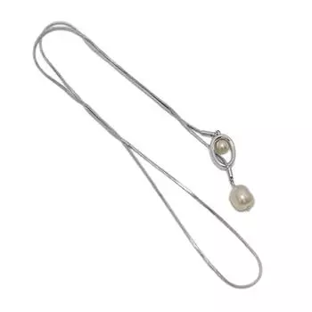 Elegant Pull Out Baroque Pearls Pendant Necklace with Geometric Designs Portable for Women s Fashionable Sweater Chain серебряный