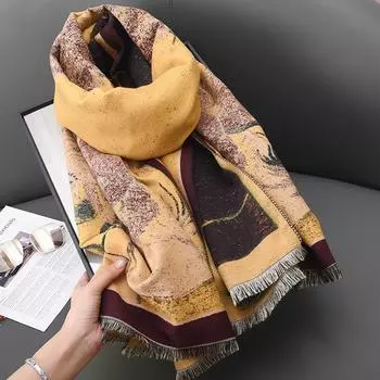 Elegant Retro Literary Style Sunflower Oil Painting Print Warm Scarf Female Luxury Sense Of Internet Celebrity Shawl 67*185