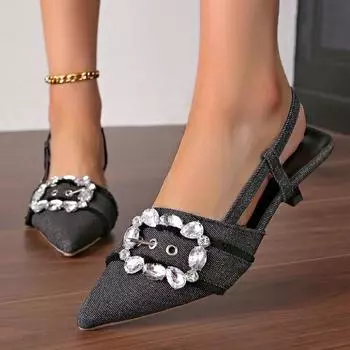 Elegant Rhinestone Pointed Toe Sandals Female Plus Size Ladies High Heels 35 чёрный