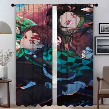 Elegant Room Curtains 2 Pieces Demon Slayer Living Room Curtain Home Interior Curtains for Camera Shades Tulle for Bedroom Child W50xH70cmx2pcs-CL
