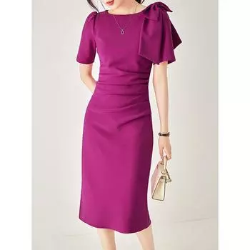Elegant Round Neck Bow Pleated Slim Fit Dress Large