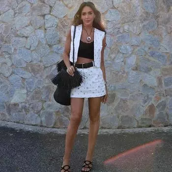 Элегантный кардиган с пайетками, юбка, комплект, женский укороченный топ без рукавов с одной пуговицей, карман на молнии, юбка, костюм, летний женский наряд XS