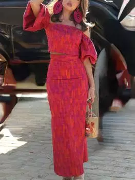 Элегантный сексуальный комплект из двух предметов для вечеринок с принтом, женские топы с открытыми плечами + длинные юбки А-силуэта, женские модные милые уличные костюмы в стиле пэчворк S красный