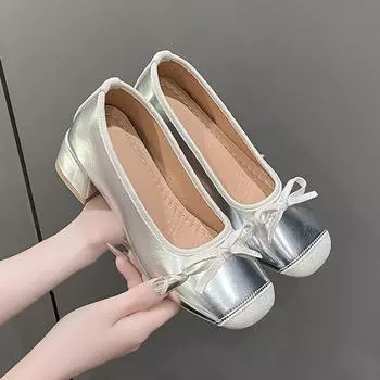 Elegant Silver Leather Butterfly-knot Mid Thick Heel Women Shoe Temperament Square Toe Slip on Mary Jane Shoes Pumps 35 серебряный