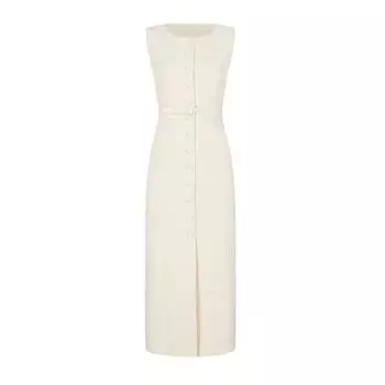 Elegant Single Breasted Tank Dress Women Belts Sleeveless O-neck Slim Solid Color 2025 Spring Dresses Commute Street Split Lady Dress S белый