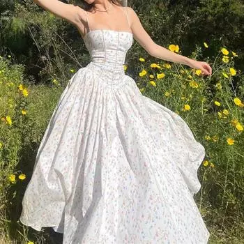 Elegant Slim Pleated Print Sleeveless Maxi Dresses Aesthetic Off Shoulder Spaghetti Strap Dress Women Party Vestidos S