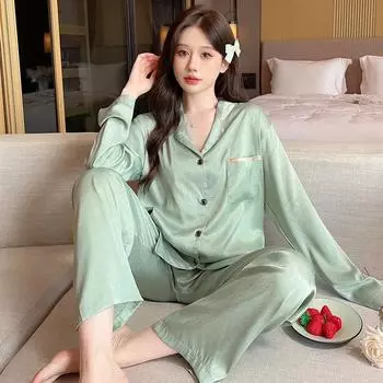 Elegant Solid Jacquard Twill Embroidery Women s Pajamas French Fashion Casual Sleepwear New Autumn Winter Lady Homewear M зелёный