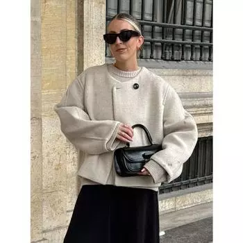 Элегантные однотонные шерстяные смеси женские зимние пальто модная теплая женская куртка на одной пуговице с круглым вырезом 2024 года новая универсальная верхняя одежда с длинным рукавом S