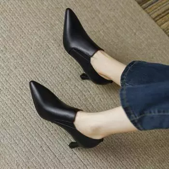 Elegant Suede Women Pumps Shoes Fashion Chunky High Heels Loafers Classic Pointed Toe Slip on Black Heels for Women Dress Shoes 34