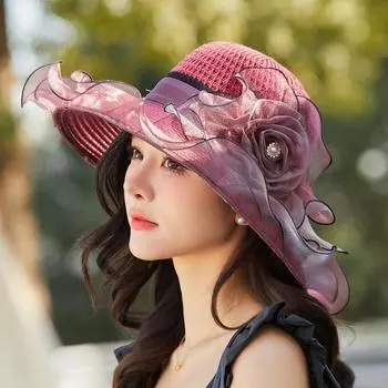 Elegant Summer Women S Sun Hat Breathable Organdy Material Foldable Design Top Flower Organza Wide Brim Ruffled Beach Hat A1