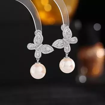 Elegant temperament haute earrings s925 silver needle inlaid zircon fashion commuter earrings butterfly pearl earrings серебряный