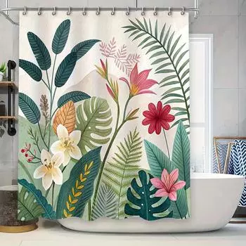 Elegant Tropical Floral Shower Curtain with Green Leaves and Colorful Flowers for a Serene Bathroom Decor Experience Easy-Clean 90X180cm(35x70in)