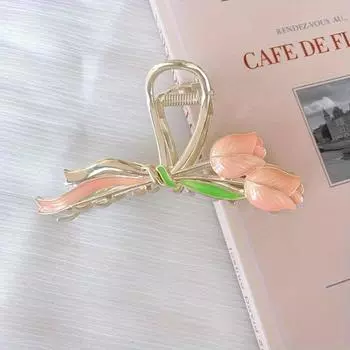 Элегантная заколка-краб в форме тюльпана - большая заколка-краб из сплава в форме акулы, цветочный дизайн, нескользящая, с жемчужными вставками, идеально подходит для густых волос - стильный аксессуар