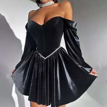 Elegant Velvet Dress Women Off Shoulder Sexy Long Sleeves Bandage Mini Dresses Female 2025 Fashion Solid Bandage Party Robe S