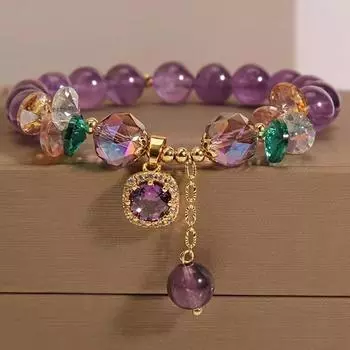 Elegant Vintage Amethyst Bead Bracelet with Gold Tones and Crystal Pendant - Bohemian Style for Parties or Gifts, Women s Fashion Accessories 1 piece