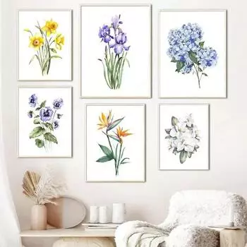 Elegant Watercolor Wildflower Art Blue Iris Hydrangea HD Canvas Prints for Modern Home Decor Perfect for Bedroom Living Room W 21cm30cm NoFrame