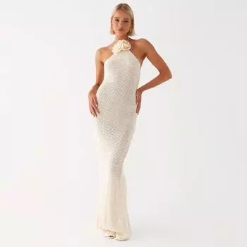 Elegant White Flower Patchwork Knit Halter Dress Women Sexy Backless Off Shoulder Long Dresses Female Beach Vocation Dress S абрикосовый