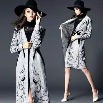 Elegant Winter Women Long Sweater Coat Warm Figure Print Cardigans for Female Fashion Loose Knitted Sweater Women s Clothes one size серый
