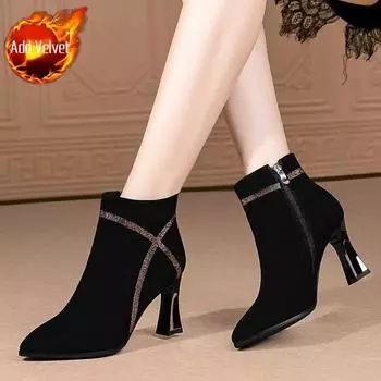 Elegant with Medium Heels Pointed Toe Booties Black Suede Autumn Winter Ankle Boots for Women Y2k Woman Short Shoes on Promotion 34