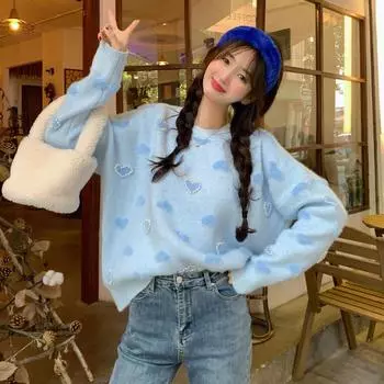 Elegant Woman Beaded Outerwear Sweater Women Autumn and Winter Loose Round Neck Sweet Heart Knit Sweater Women Tops Comfortable and Versatile one size розовый