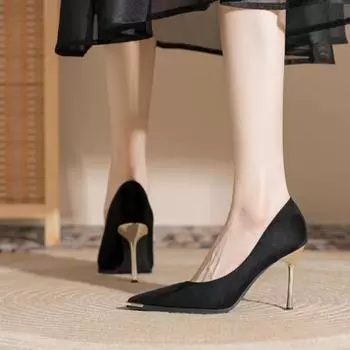 Elegant Woman Heeled Shoes Black Suede Fashion Spring Women Pumps 6/8cm High Heeled Temperament Ponited Toe Party Dress Shoes 34