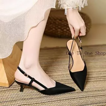 Elegant Woman Heeled Shoes Pointed High Heels Toe Wrapped Shallow Cut Slim Heeled Bridesmaid Sandals Luxury Designer Dance Shoes 34 чёрный