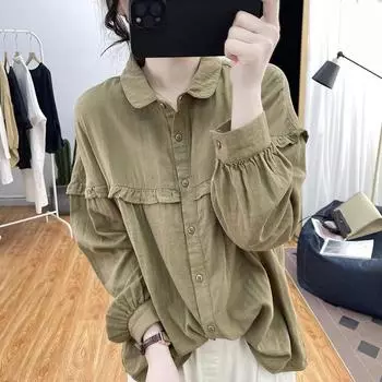 Elegant Women Cotton and Linen Shirts Fashion Casual Long Sleeve Wooden Ear Edge Tops Blouses Spring Summer Ladies Shirts XXXL белый