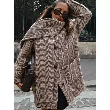 Элегантные женские теплые шерстяные куртки с принтом и воротником-шарфом, шикарные однобортные куртки с длинным рукавом и карманом, осень-зима, новая уличная одежда S коричневый