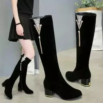 Elegant Women Rhinestone Knee High Long Boots Sexy Slim Square High Heels Tassels Autumn Winter Knight Boots Botas De Mujer 35 чёрный