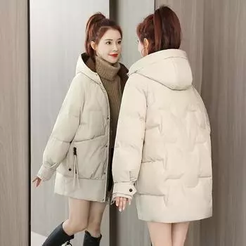 Elegant Women s Puffer Coat - Chic Solid Color, Long Sleeve, Mid-Length with Pockets | Machine Washable Polyester M хаки