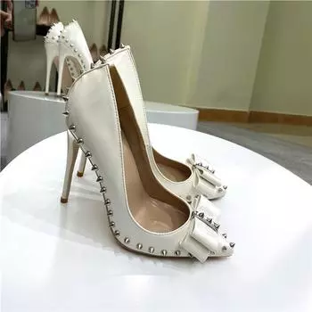 Elegant women s singles shoes with rivets and bows, fashionable slim high heels, dresses and oversized shoes 33