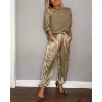 Элегантный женский комплект из гладкого атласа с изображением уличного пейзажа, рубашка из гладкого атласа с коротким рукавом, повседневные брюки, спортивный комплект из двух предметов, большой размер 5XL белый