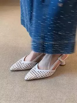 Elegant woven hollow pointed high heels retro soft sole versatile breathable thick heel summer bag head sandals~ 34