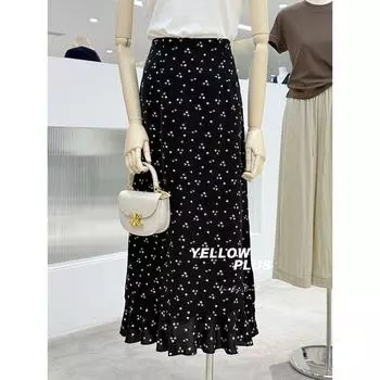 Elegant Young Style Black Floral Skirt Cool Feeling Skin-friendly Unique Beautiful Fishtail Long dress 2025 Popular Item Small floral dot L