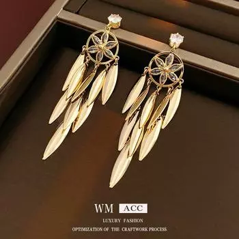 Elegant Zircon Leaf Tassel Earrings: Gold-Plated Silver Needles, Light Luxury, High-End Fashion Design Silver Needle золотой